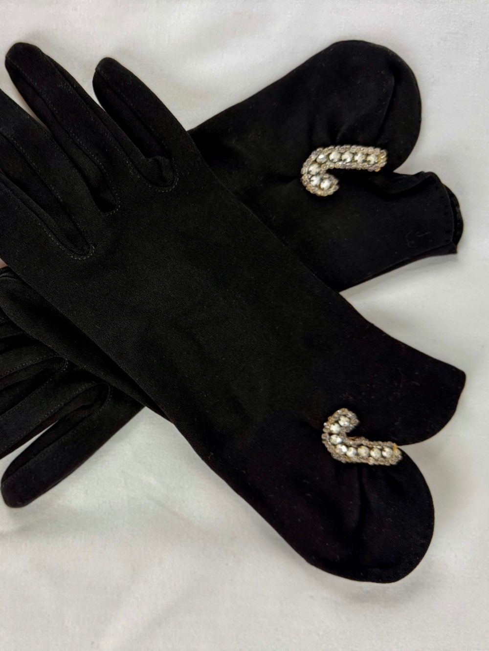 Vintage Dawnelle Black Gloves 6 Rhinestone Beaded J or Cane Cotton Double Weave